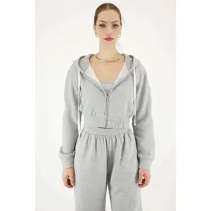 Premium cotton fleece zip up cropped classic hoodie with elastic hem bottom