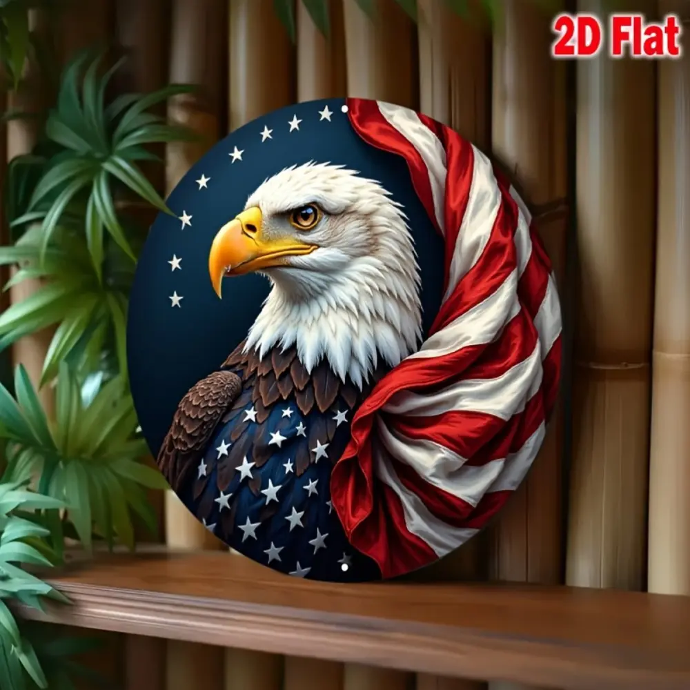 【4thofjuly /fourthofjuly】2D flat circular metal logo with themes of bald eagles and American flag cultural elements, used to decorate doors and offices to showcase patriotism and dignity.