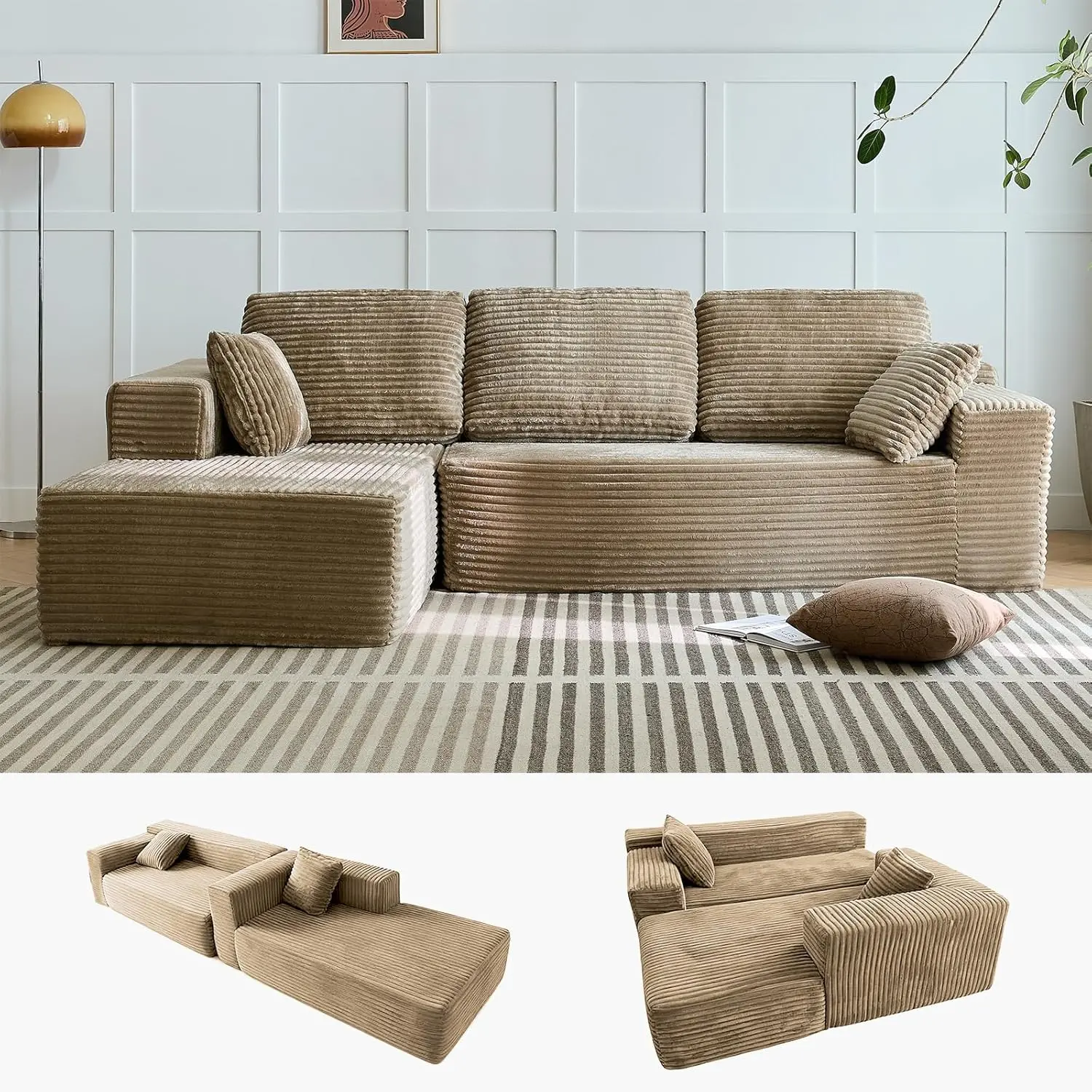 Corduroy Upholstered L-Shaped Modular Boneless Sectional Sofa - No Assembly, Oversized Chaise Lounge, Foam Cloud-Down Blend Adjustable Sleeper, Scandinavian Living Room Furniture, Foldable Linen Storage Ottoman Bed, Plush Laz couches projection