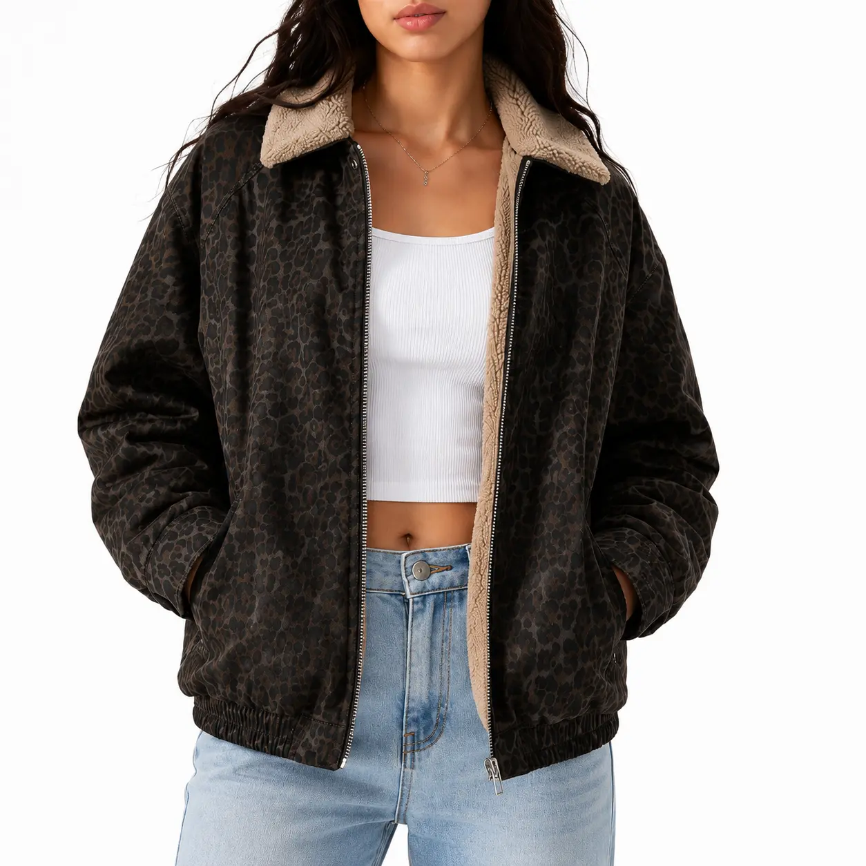 ARSSM Leopard Print Sherpa Lined Bomber Jacket Women Oversized Vintage Streetwear Zip Up Warm Fall Winter Coat
