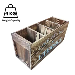 4 Compartment Wooden Utensil Holder, Wall-Mounted Flatware Holder, Tabletop Utensil Organizer, Rustic Brown Flatware Organizer