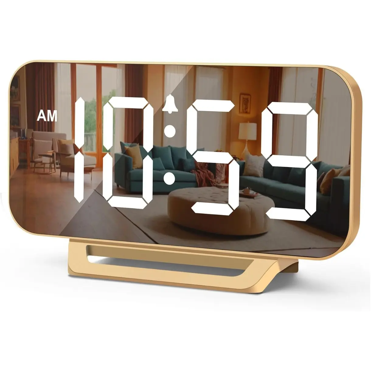 Slim Digital Mirror Aesthetic Alarm Clock for Bedrooms Desk Decor - Plug in Electric Big LED Modern Small Clock for Office Living Room, Battery Backup, 6 Dimmers (Gold)