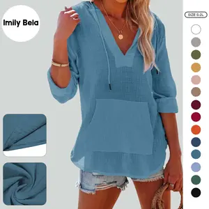 Imily Bela Women's Beach Cover Up hoodies sweatshirt Long Sleeve V Neck Pocketed Hooded Shirt Top SpringStatements
