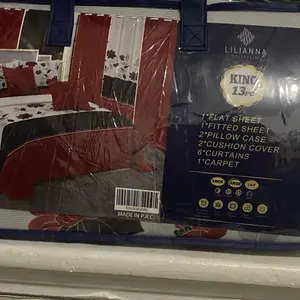 Lilianna Collection 13-Piece King Size Bedding Set - Includes Sheets, Curtains, and Carpet - Red & Floral Design