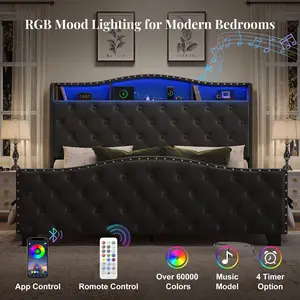 Belffin King Size Bed Frame and Headboard, 50.9" Velvet Upholstered Wingback Bedframe with LED Lights & Storage/Charging Station, Button Tufted Tall Footboard, No Box Spring Needed, Noise-Free, Black