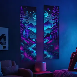 Night Scene Vertical Blacklight Tapestry Wall Mural Neon Forest Long Luminous Tapestries for Bedroom Blue and Purple Glow in The Dark Decorative Wall Hanging Cyberpunk UV Reactive Home Decor for Living Room Dorm Unique Gifts for Friends Decoration Items
