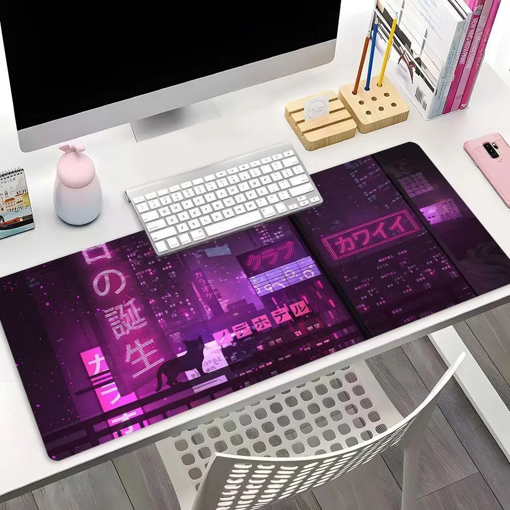 Purple Neon Cyberpunk Tokyo City Anime Cat XXL Gaming Mouse Pad, Anime Mousepad, Vaporwave Aesthetic Desk Decor, Non-Slip Rubber Desk Mat with Stitched Lock Edge, Washable Keyboard Pad for PC Gaming & Home Office, Gift for Anime & Cyberpunk Fans