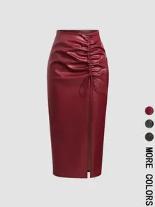 2026 Women's Ruched Drawstring Split Thigh PU Leather Skirt Fashion Casual High Waist Long Midi Skirt for Spring Fall Y2K Going Out