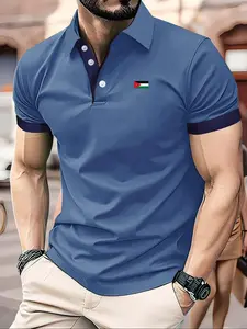 Men's Regular Fit Jordan Flag Print Polo Shirt, Casual Short Sleeve Button Detail Top for Summer, Fashion Men's Clothes for Daily Wear, Tropical