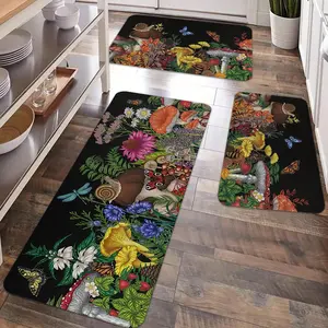 2/3pcs Kitchen Anti slip Carpet Floor Mat Set, Mushroom Flower Plant Printed Kitchen Anti fatigue Floor Mat, Flannel Kitchen Carpet Floor Mat, Kitchen Area Rug, Suitable for Kitchen, Laundry Room, Bathroom, Living Room