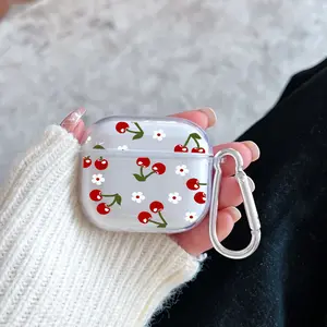 Summer Cherries Pattern Protective Case for AirPods 4/3/2/1/Pro/Pro2 Soft TPU Earphone Cover, Transparent with Keychain