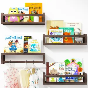 Nursery Book Shelves, 16.5 Inch Floating Bookshelves for Nursery and Playroom Decor, Set of 4, Solid Wood Wall Mounted Shelves for Books and Toys Storage (Brown)