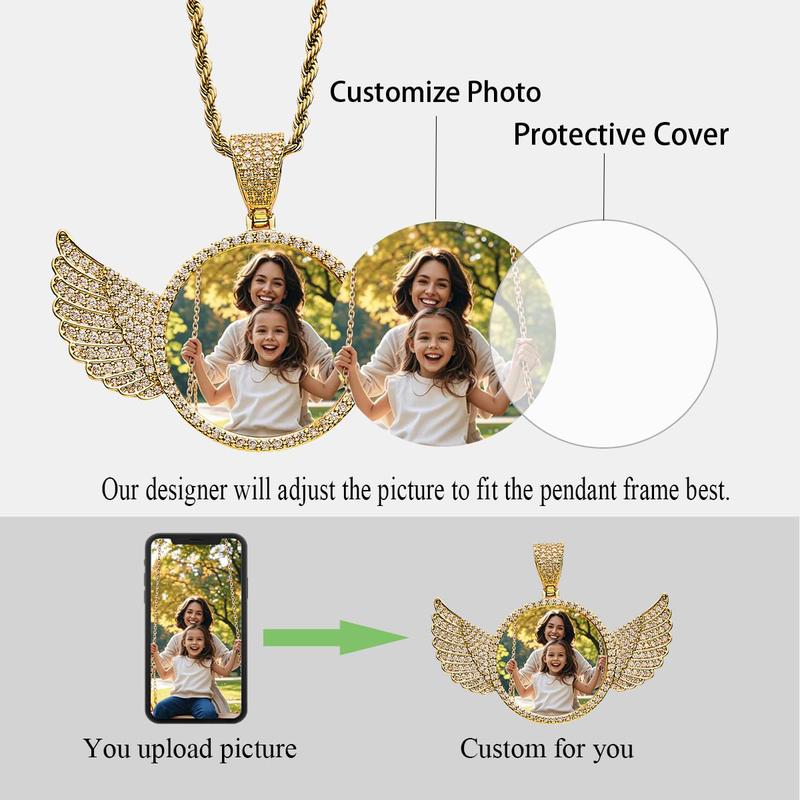 Fathers Day Gift Photo Necklacce for Men Women,Custom Photo Angel Wings Circular Pendant, Personalized Memorial Photo Pendant Necklace for Women Man