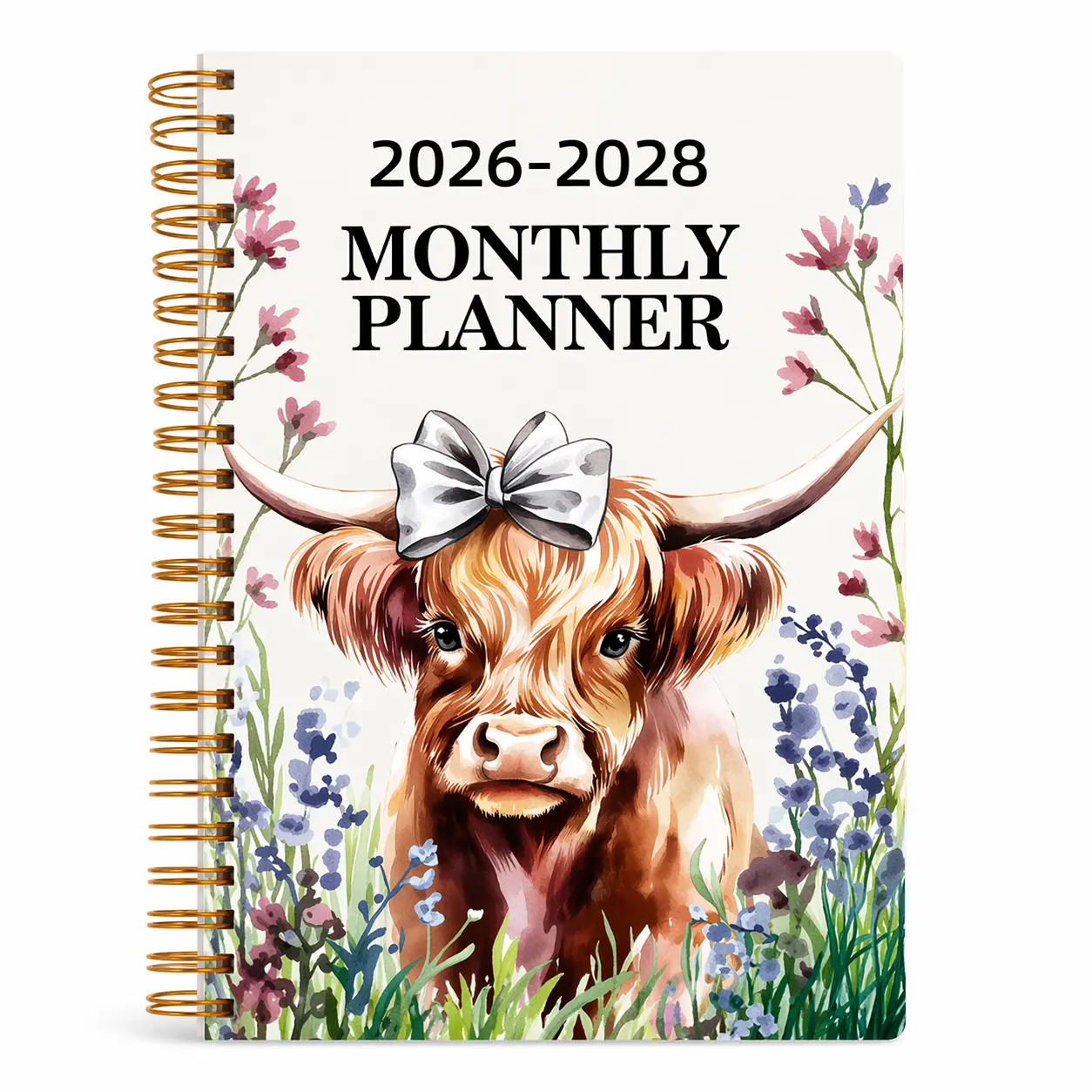 2026-2028 Highland Cow Floral 3-Year Planner, Weekly & Monthly Spiral Notebook for School Office Home, Cute Gift for Women Men Students Adults