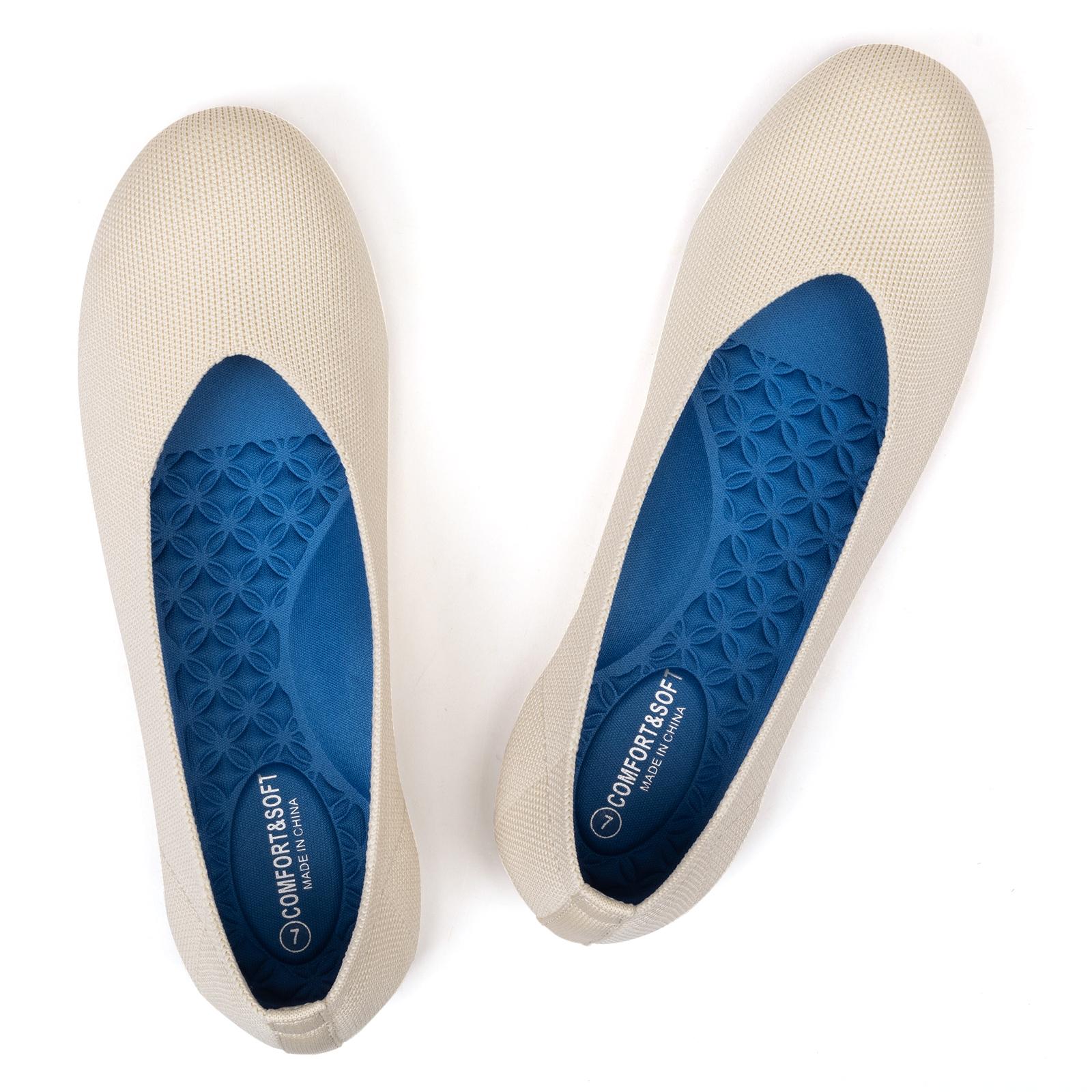 Flatgios Women's Ballet Flats Knitted Round Toe Flat Women's Walking Shoes Comfortable Casual Shoes Cream-8