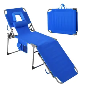 Tanning Chair with Face Hole Folding Beach Lounge Chair,5-Position Adjustable Backrest, Pillow & Side Pocket,Portable Face Down Chaise Lounge for Outdoor Backyard Poolside,Beach, Patio,Blue