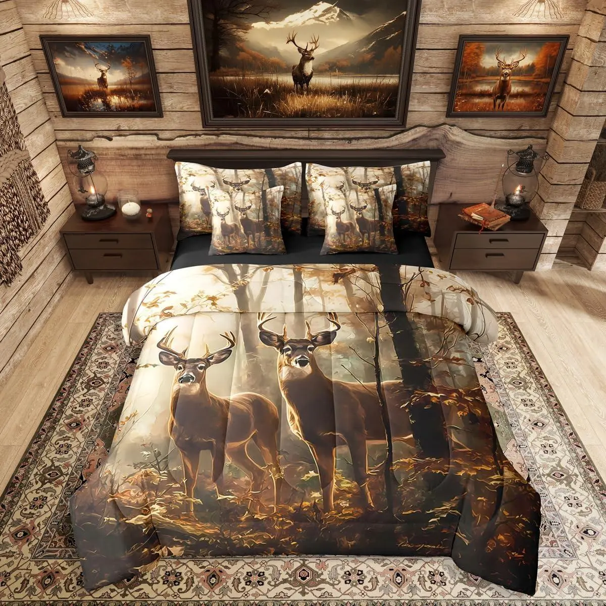 7 Pcs Rustic Deer Bedding Set Hunting Deer Elk Moose Antlers Comforter Set with Sheets Men Vintage Western Wild Animals Bed in A Bag Rustic Farmhouse Branches Bed Sets