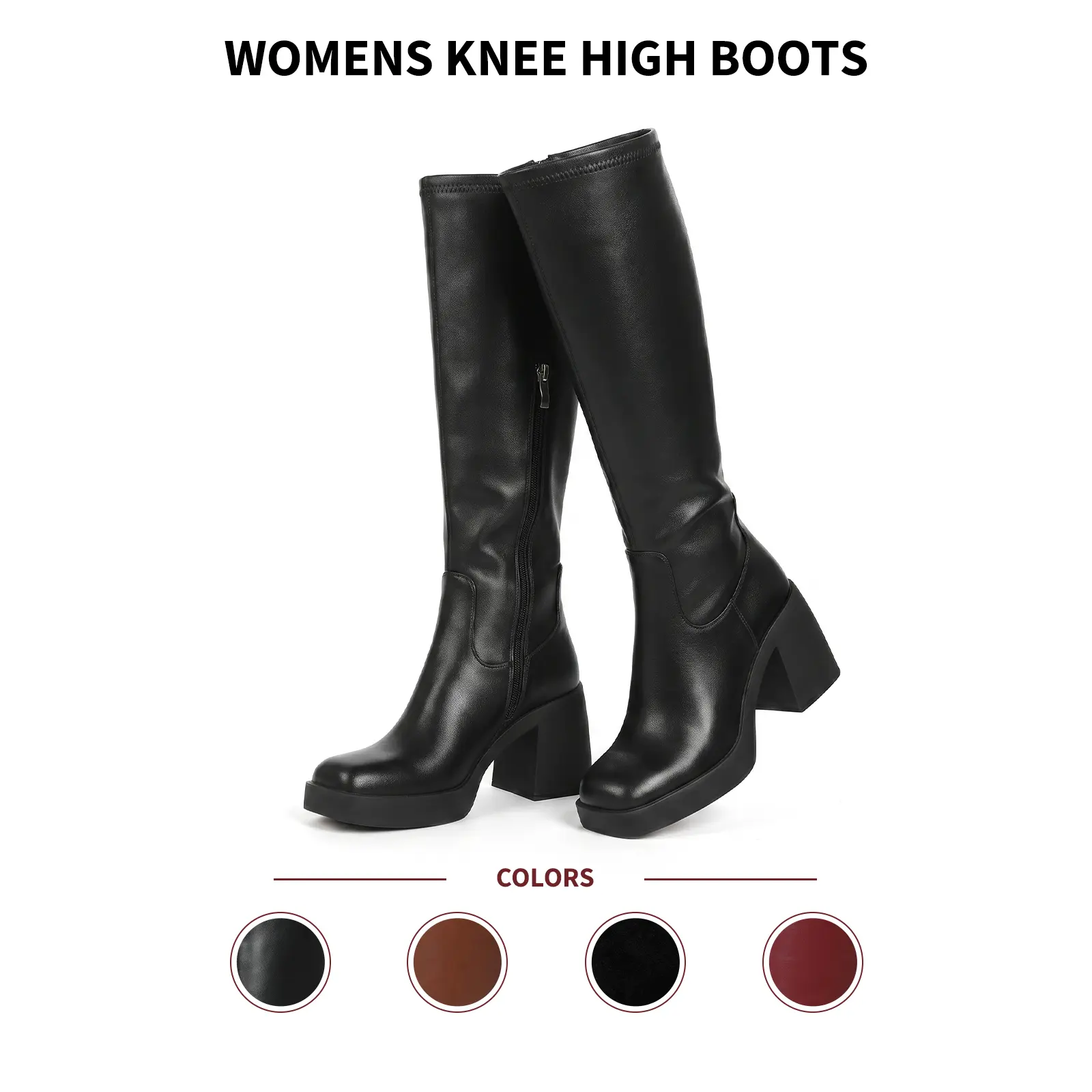VIMISAOI Women Knee High Boots Square Toe Chunky Block Heel Half Side Zipper Minimalist Classic Modern Chic Everyday Style Dress Office Work Date Party Shopping Travel Business Casual Streetwear Vacation Tall Fashion Boots Summerwins