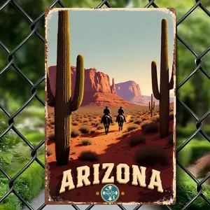 2D Flat, 1pc Handmade Bohemian, Western Decor Arizona Desert Metal Wall Sign - Vintage Garage Signs - Large 8x12 inch Retro Cacti & Desert Scenery Decoration Suitable for Home, Garden, Garage - Multi-Holiday Decor - Metal Art, Wall-Mounted
