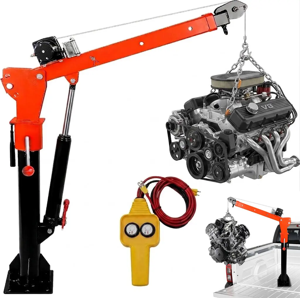 1100LBS Pickup Truck Bed Crane with 2000LBS Electric Winch, 360° Swivel Telescoping Boom, Heavy Duty Engine Hoist for Lifting Engines, Generators, Farm & Garage Use