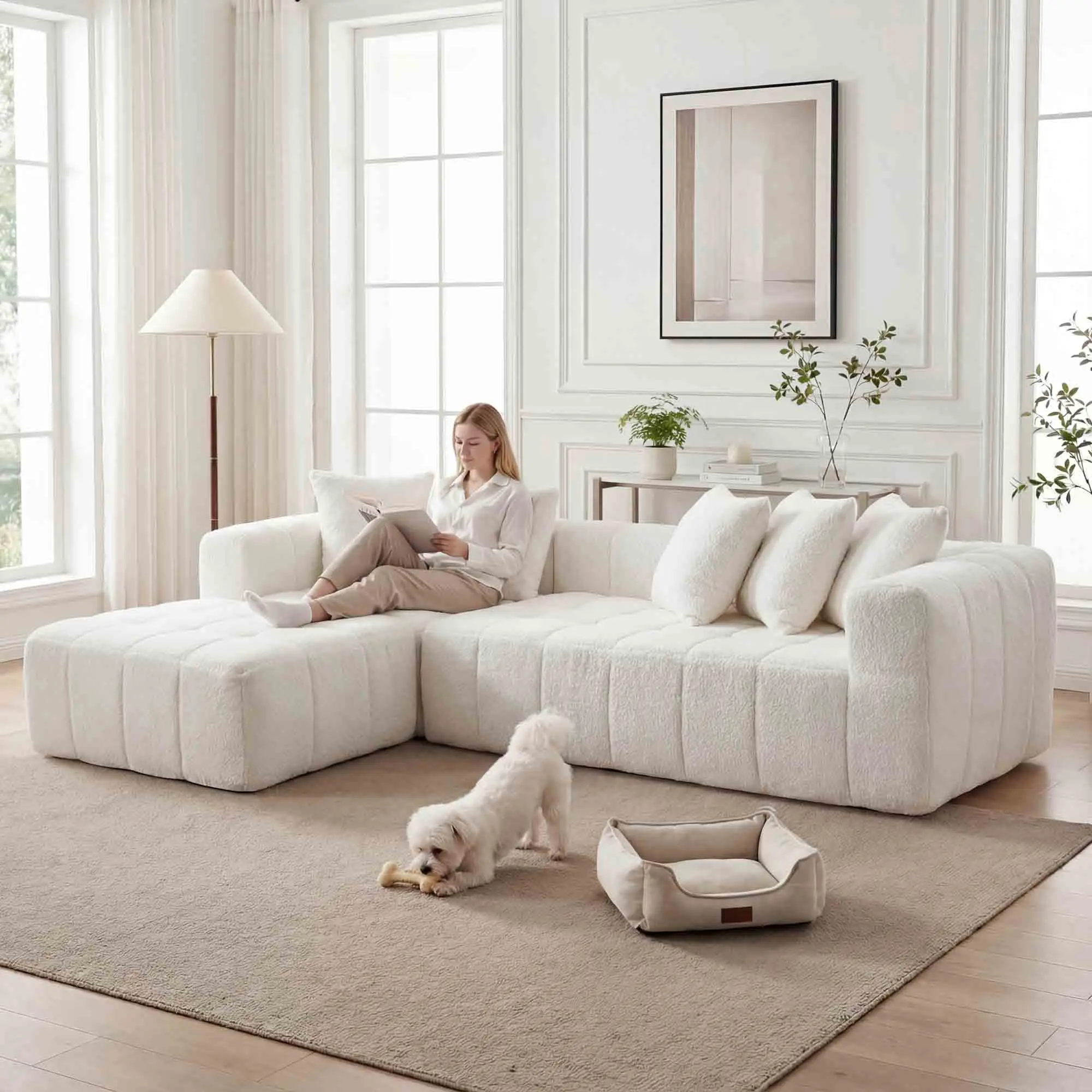 Modular Cloud Sectional Sofa with L-Shape Chaise, Deep Seat Corner Couch, White Foam+Spring Upholstered, No Assembly Required, 108"W x 69.3"D x 38.5"H