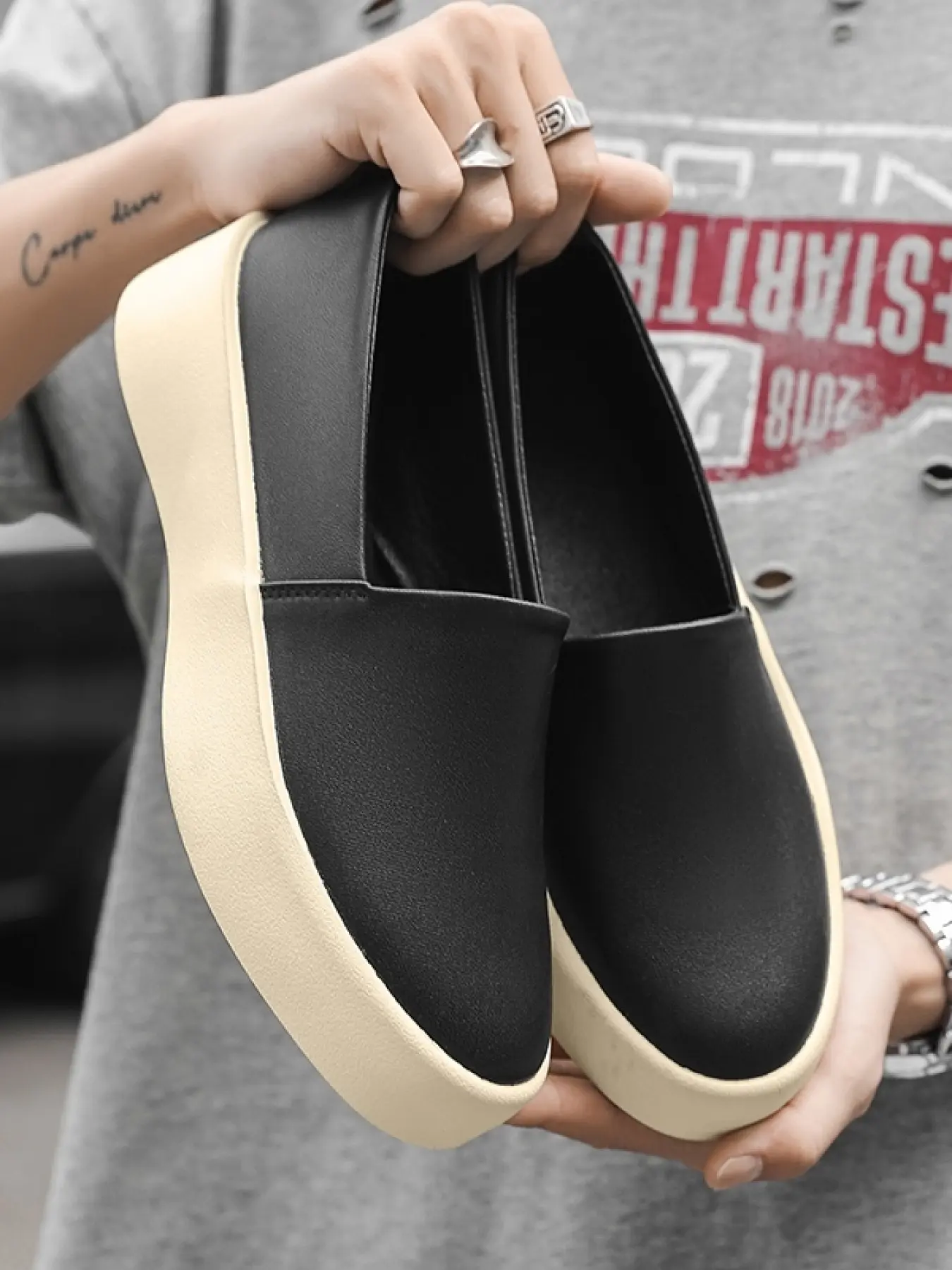 Men's Thick Sole Slip-On Casual Shoes, PU Leather, Rubber Sole, Plain Design, All Seasons, Summer Shoes, Comfortable & Stylish Footwear