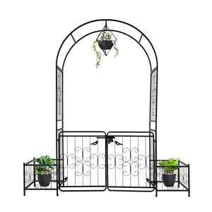 7.2ft Black Iron Garden Arch with Arched Top and Gate Metal Arbor Trellis with Planter Boxes Outdoor Decorative Archway for Climbing Plants Backyard Lawn Patio Wedding Pergola with 16mm Tubes
