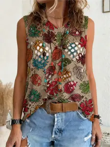 Spring/Summer style, Womenswear, V-neck diamond cutout sleeveless cover-up, contrast gradient Floral leaf print women's knit top, vacation style, casual, commute-friendly, bikini cover-up