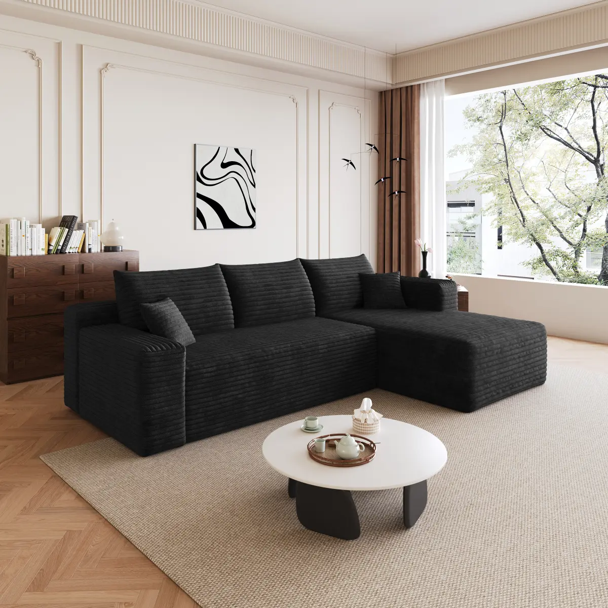 95-Inch Black Plush Corduroy Cloud Sectional Couch - Modern Minimalist Upholstered U-Shaped Deep Seat Corner Sofa, No Assembly Required, for Living Room & Apartment Furniture, Living Room Furniture