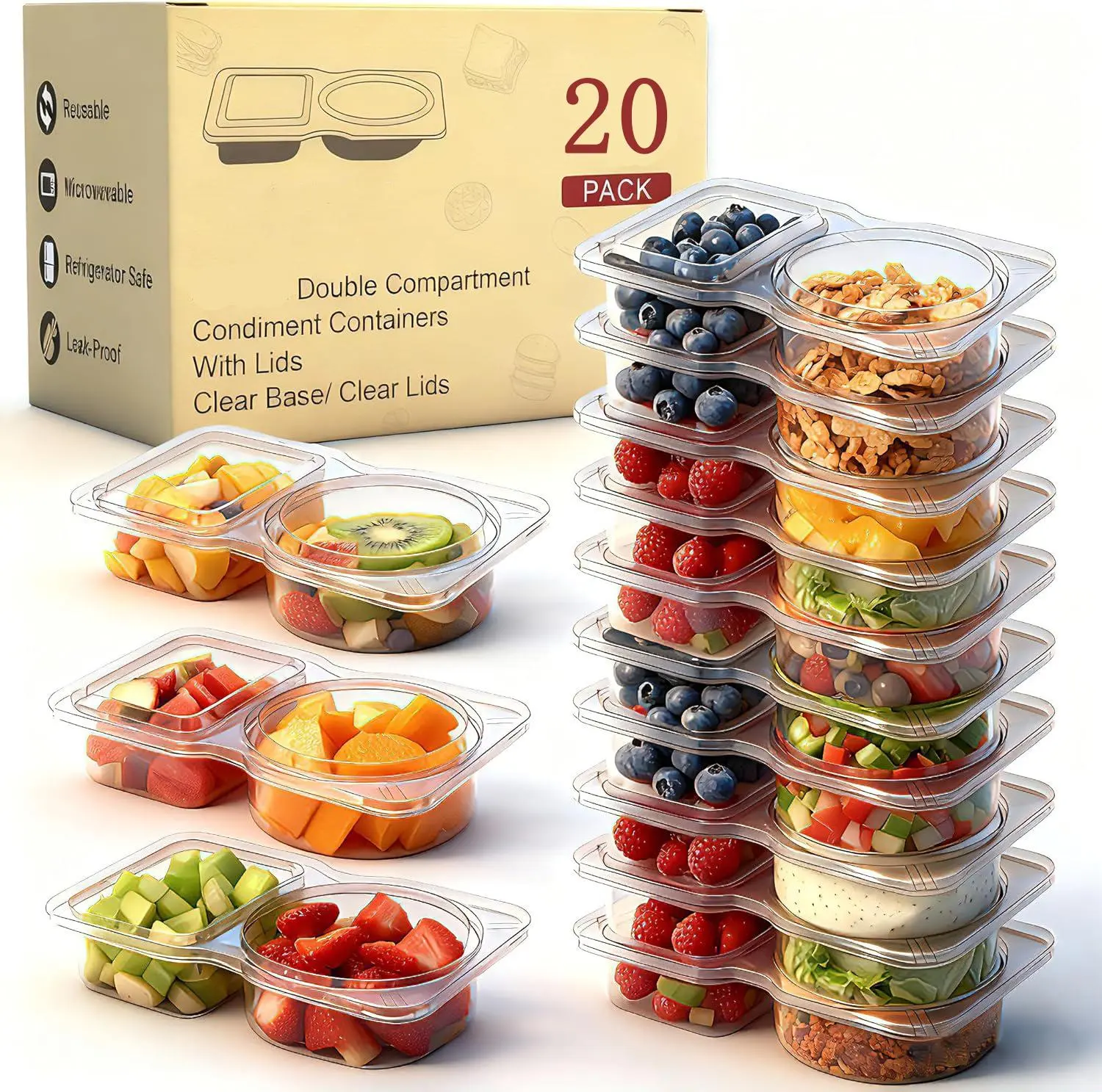 AISOON 20-Pack Reusable Kitchen Storage Containers with Lids, Double-Compartment BPA-Free Plastic Meal Prep Sets, Leakproof Food Storage Kits, Freezer-Safe for Chilled Snack Prep (For Kids, Work)