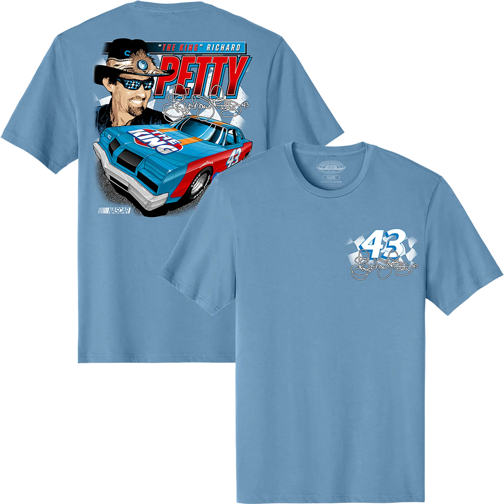 Richard Petty The King 43 Graphic T-Shirt, Premium Light Blue Unisex NASCAR Racing Tee, Vintage Motorsport Legend Race Car Fan Apparel, Retro Auto Racing Champion Signature Top, Two Sided Classic Driver Merch, Cool Car Enthusiast Gift For Men Women