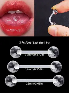 3pcs Set Soft Transparent Invisible Acrylic Barbell Rod, Multiple Sizes, Tongue Frenulum Piercing Stud, Tongue Web Piercing, Body Jewelry Accessories, Fashion Body Jewelry