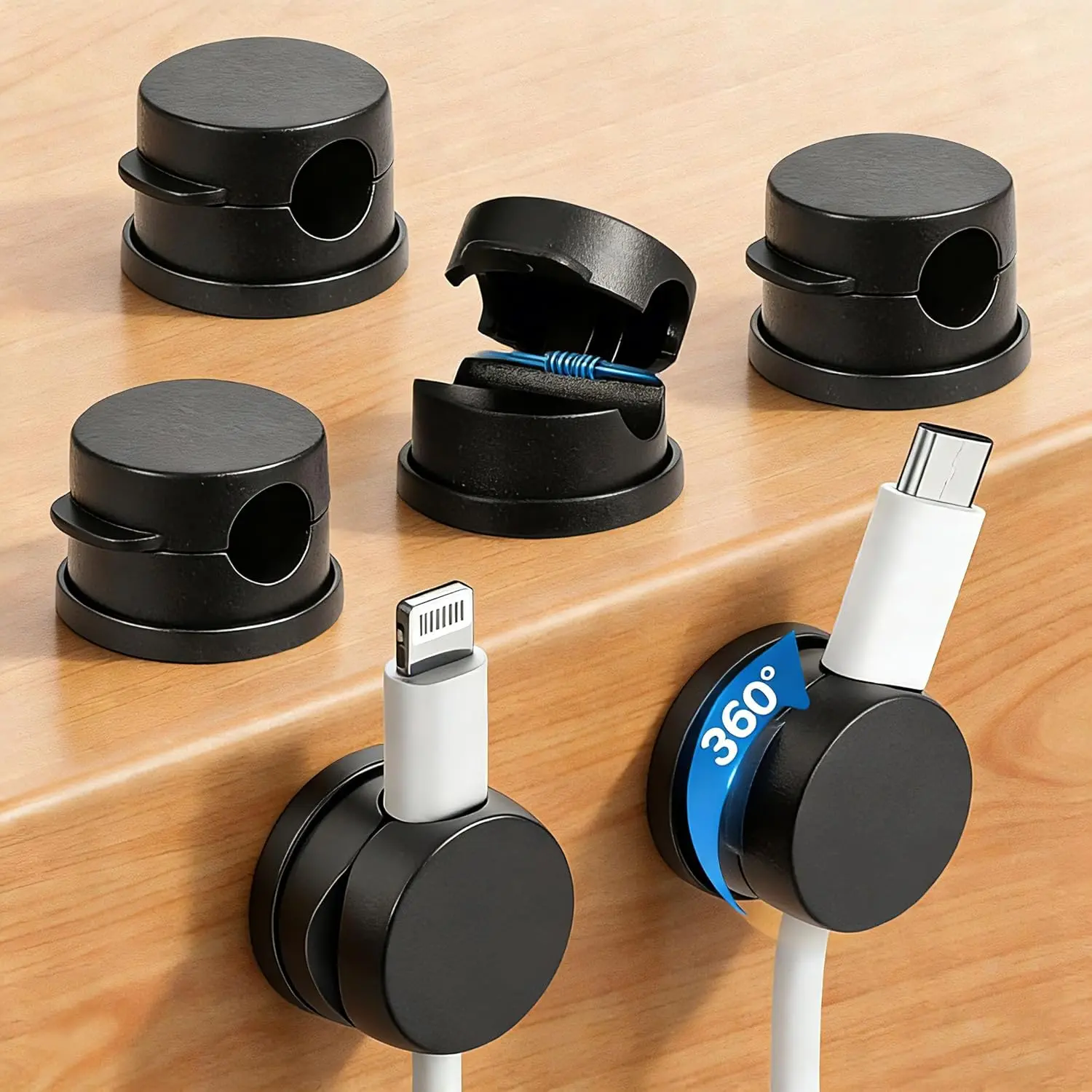 6 count 360? Rotatable Spring  Management, Cord Organizer Holder for Desk,  Adhesive  Clips Desk Accessories, Adjustable Wire Keeper for Nightstand, , Office, RV (Black)