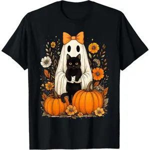 [100% Cotton]   Vintage Halloween Ghost Holding Black Cat Groovy Floral T-Shirt Crew Neck Short Sleeve T-Shirt Ghostface Summerween Comfort Shirt Crewnecks Women'S  Graphic  Tees Top Golf Gift T-Shirt For Men And Women