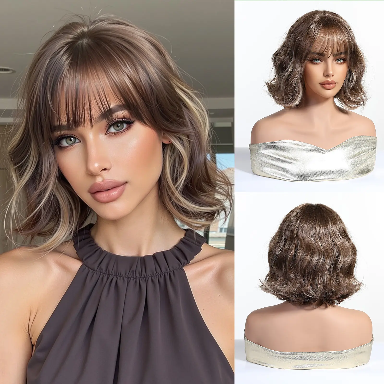 Brown Highlight Short Bob Wig with Bangs Soft Wavy Layered Synthetic Wig for Women
