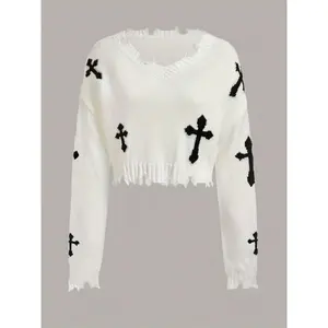 RippedCrewNeckKnittedSweater,CasualLongSleeveCropPulloverSweaterForFall&Spring,Women'sClothing