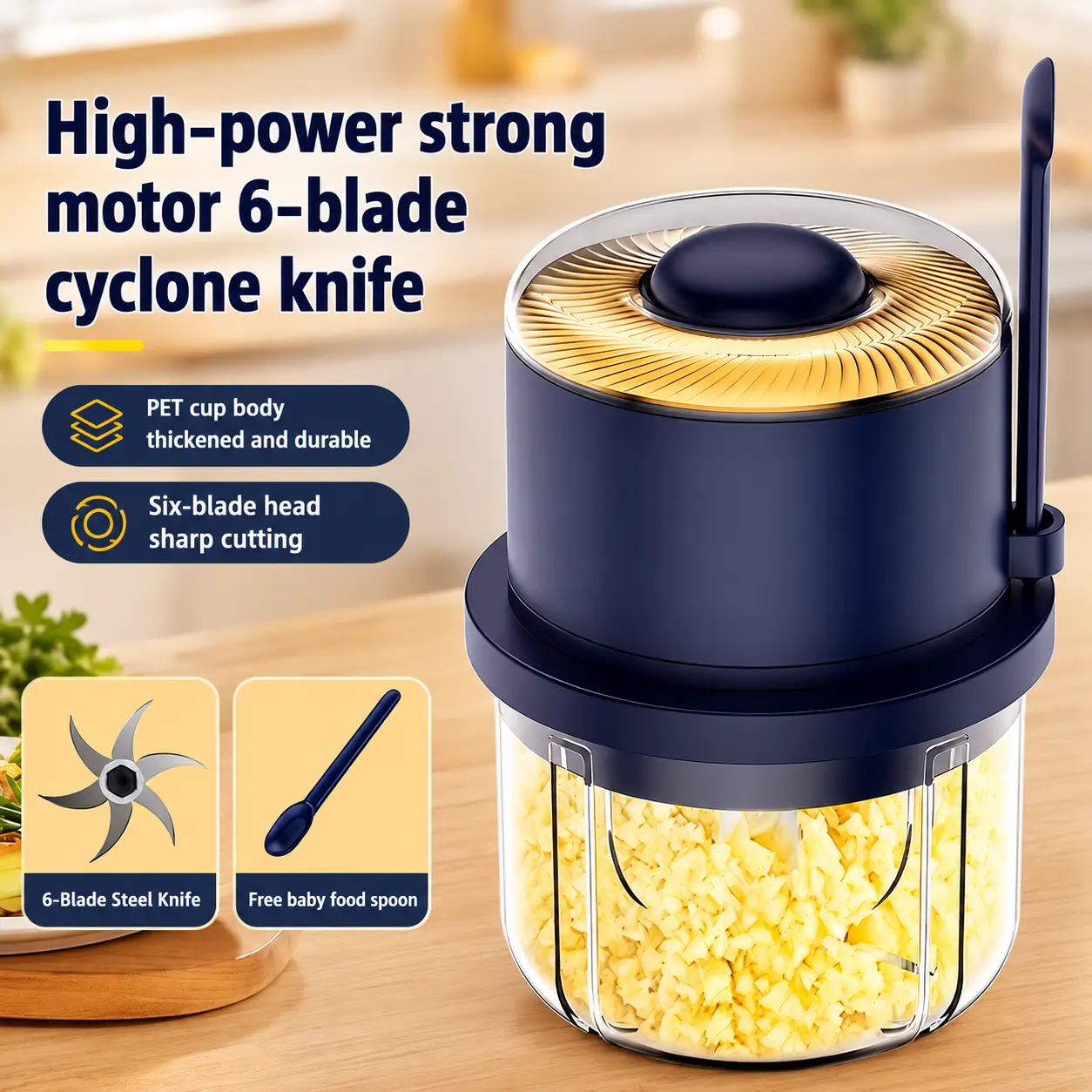 350ml Rechargeable Electric Garlic Chopper-Meat Mincer, Mini Food Processor with 6-Blade Assembly & Glass Bowl, Ideal for Ginger, Onions