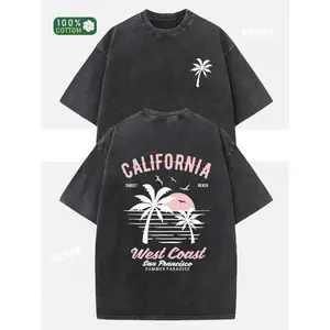 Washed Cotton California Graphic Tee – 230g Soft Vintage Surf Beach Tee with Palm Trees & Retro Print, Loose Fit Summer Casual Shirt for Men Women, Unisex Machine Washable outdoorfun