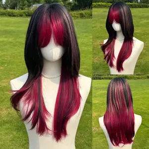 SMILCO/26Inch Highlight Berry Red With Black Long Straight With Bangs Synthetic Wig/SM494