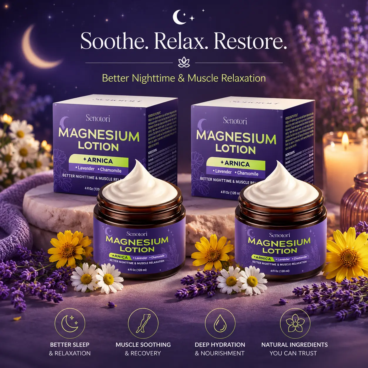 Double 2 Nighttime Magnesium Lotion with Arnica & Lavender, Chamomile, Topical Magnesium Cream for Tired Feet, Bedtime, Muscle Recovery, Mother’s Day Gifts - Relaxation Gifts for Mom & Dad, Hydrating, Relaxing Gifts, Moisturizer, Body Care
