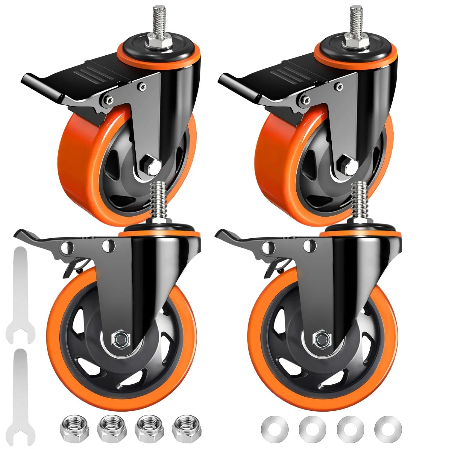 Stem Caster Wheels 4 inch Locking Threaded Stem Casters Set of 4 Heavy Duty, 1/2"-13 x 1(Stem Diameter 1/2",Stem Length 1"), No Noise Swivel Casters Industrial Castor Wheels for Cart, Furniture