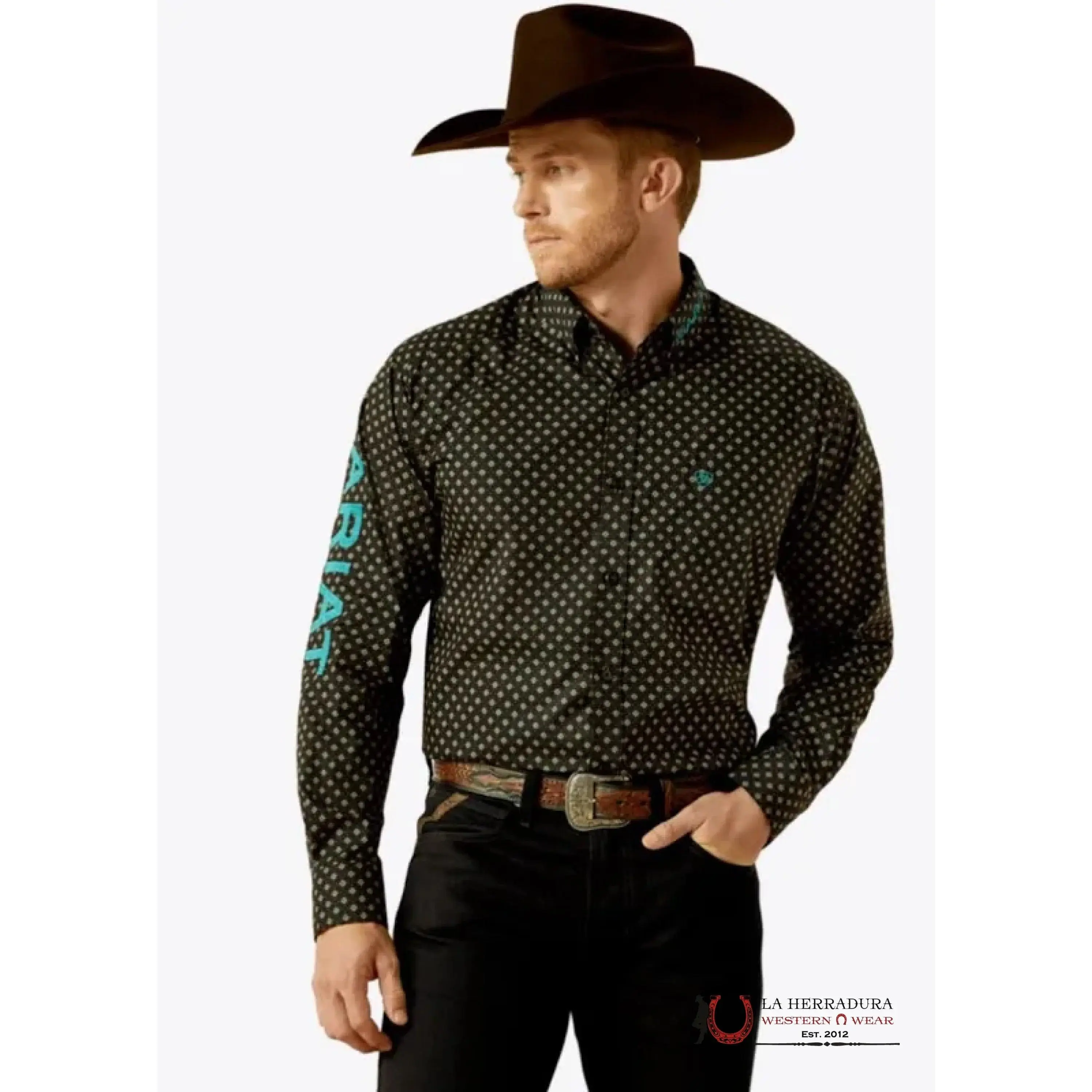 ARIAT MENS TEAM PORTLAND FITTED LS SHIRT BLACK/TEAL 10062253