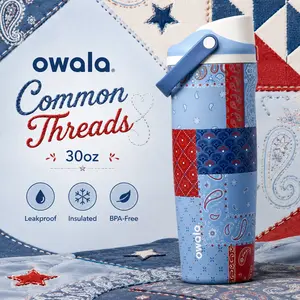 Owala Common Threads 30oz Insulated Water Bottle, Leakproof FreeSip Sway Tumbler, Red Blue Patchwork Design