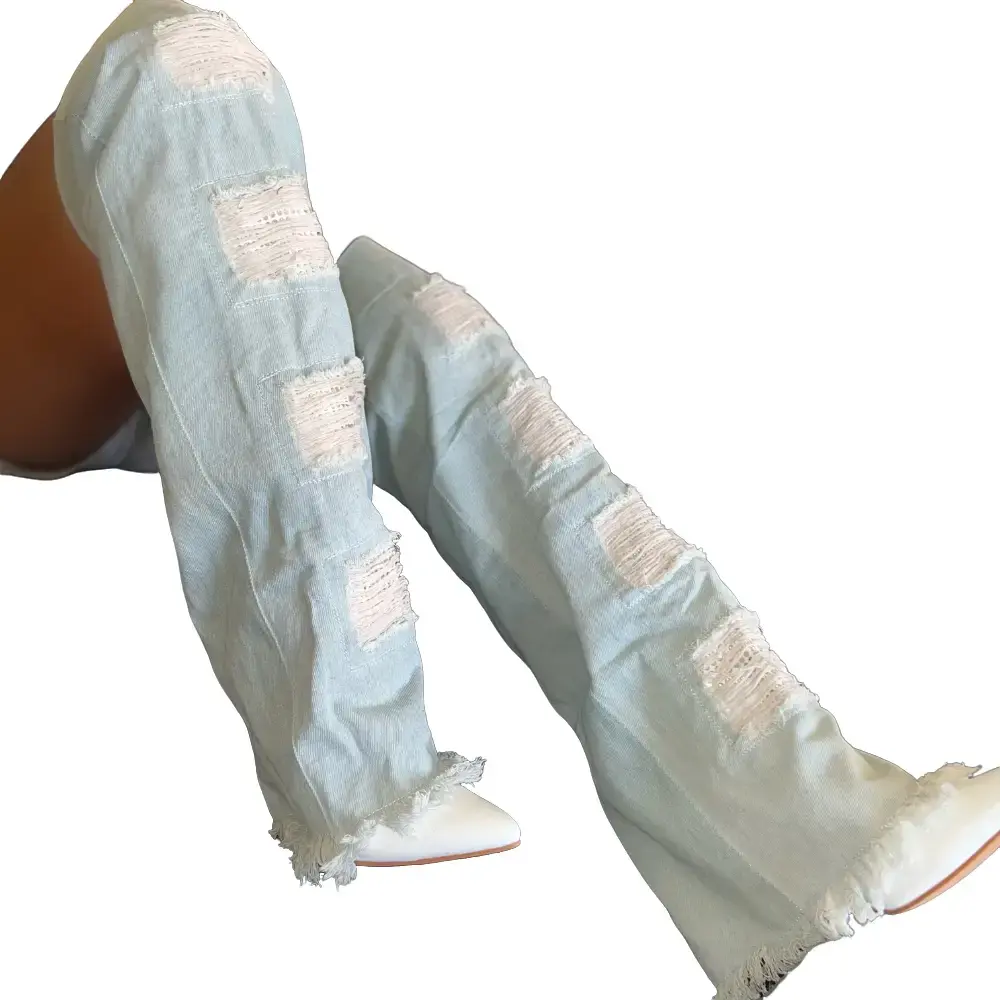 Women's CUBININ White-Denim Stiletto Boot, Fashionable Footwear with Distressed Denim Foldover Detail, Stylish Shoe