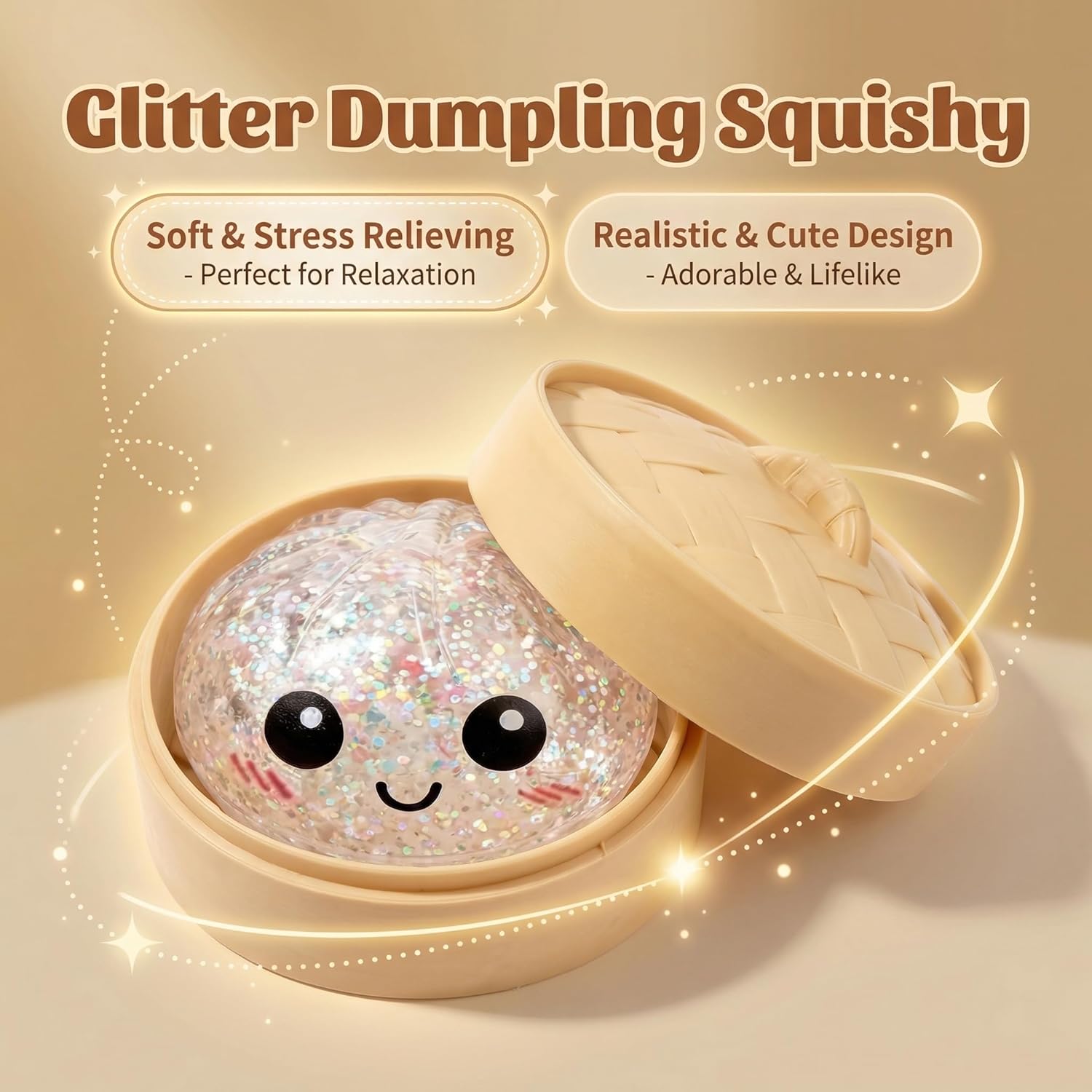 Sparkly Glitter Dumpling Squishy Stress Reliever with Mini Steamer Storage Case – Slow Rebound Tactile Sensory Item for Calming Nerves, Portable On-the-Go Comfort Accessory for All Ages