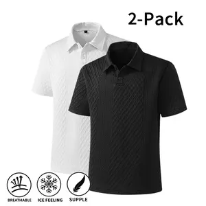 Men’s 2-Pack Textured Polo Shirts, Ice-Cool Breathable Supple Fabric, Wrinkle-Free Black & White Short-Sleeve Tops for Daily Wear and Work