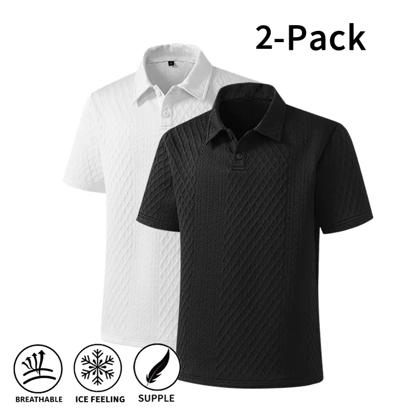 Men’s 2-Pack Textured Polo Shirts, Ice-Cool Breathable Supple Fabric, Wrinkle-Free Black & White Short-Sleeve Tops for Daily Wear and Work