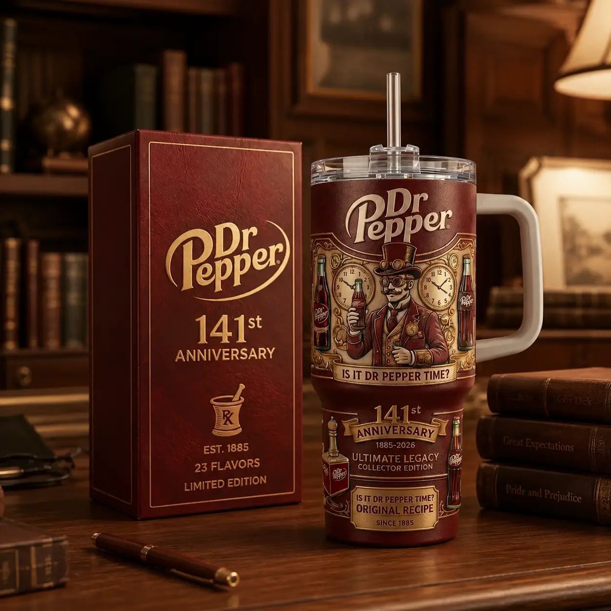 Dr Pepper 141st Anniversary Tumbler, 20oz-40oz Stainless Steel Cup With Handle and Straw, Double-Wall Insulated Travel Mug, Vintage Soda Lover Gift, Gift for Your Health