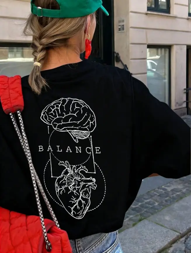 Women's 100% Pure Cotton Short Sleeves Graphic Tee - Black Adhesive Print, Anatomy Theme Anatomical Line Art, Mind-Heart Balance, Anxiety Relief Everyday Casual Mental Health Top