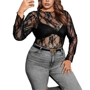 Women's Lace Plus Size Top Long Sleeve Crew Neck Sheer Blouse Floral Print T-Shirt